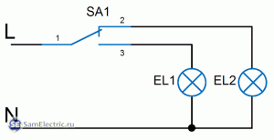 Схема подключения проходного переключателя для работы на две линии