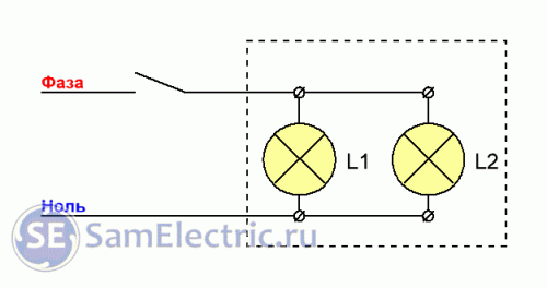 Как подключить люстру с двумя лампами, схема подключения через одноклавишный выключатель