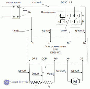 Фен Интерскол ФЭ-2000. Плата DB3011. Схема соединений