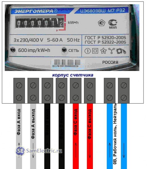 схема подключения 3-х фазного счетчика